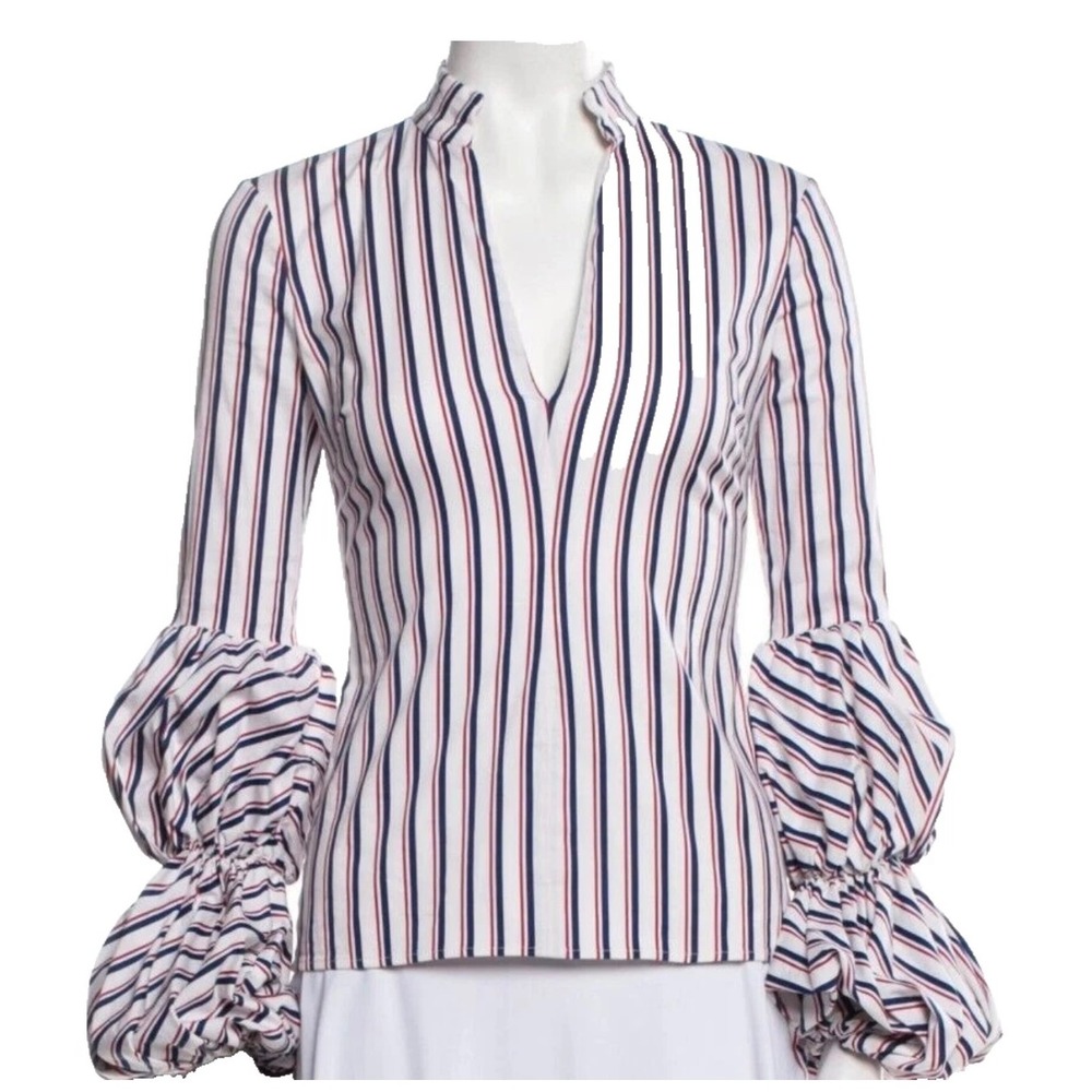 Greysn Striped Blouse Balloon Sleeve Mock Neck Red White Blue‎ Women Medium NWT